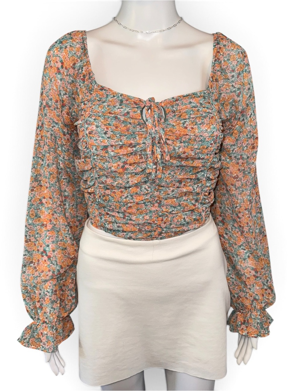 She + Sky Floral Ruched Tie-Front Crop Top - Orange & Green